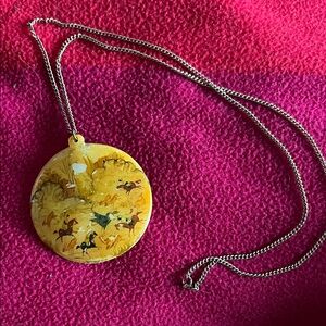 Vintage Handpainted Mother of Pearl Round Yellow Horse Motif Pendant Necklace